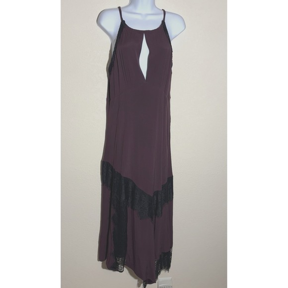 Womens Dress 10 Dark Plum w Black Lace Trim Maxi Assymetrical Hem Anthropologie - Picture 1 of 6